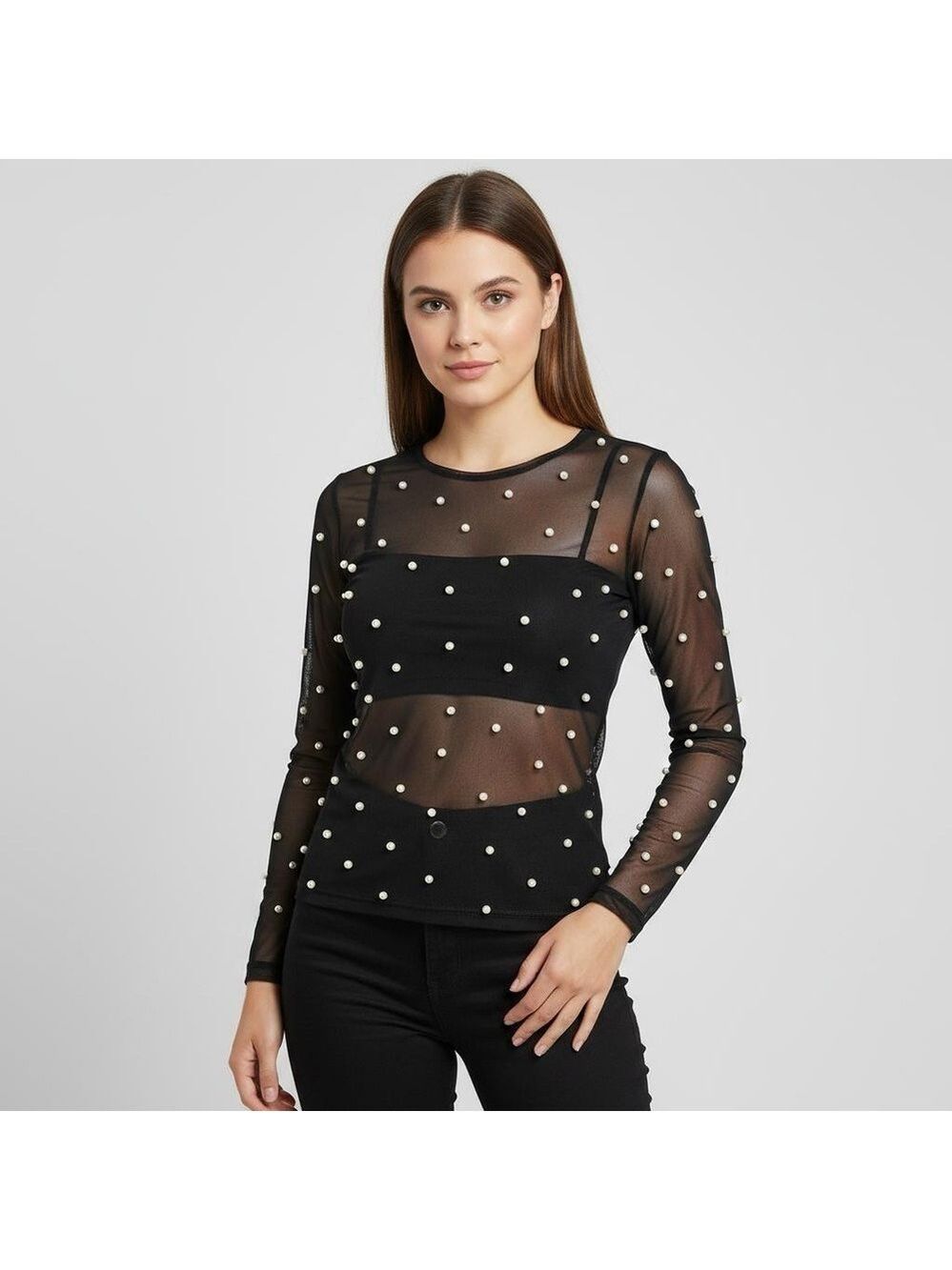 Amber Skies Pearl Embellished Sheer Mesh Top Black Cocktail Glam Whimsigoth XL